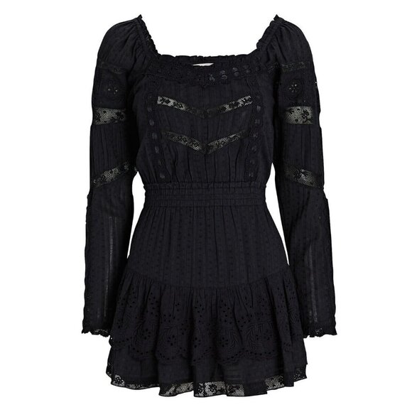 NWT LoveShackFancy Sanaya Mini in Black Ribbon & Eyelet Trim Cotton Dress S